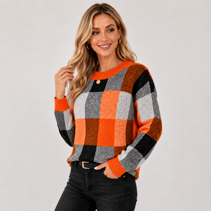 Women's Patchwork Sweater, Crew Neck Colorblock Knit Pullover