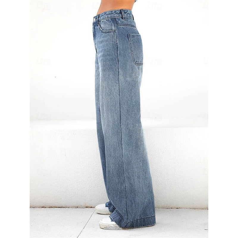 Women's Wide Leg Jeans, High Waisted Loose Fit Blue Denim