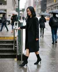 Pointed Toe Sock Boots in Stretch Knit — walking down subway stairs on a cold morning