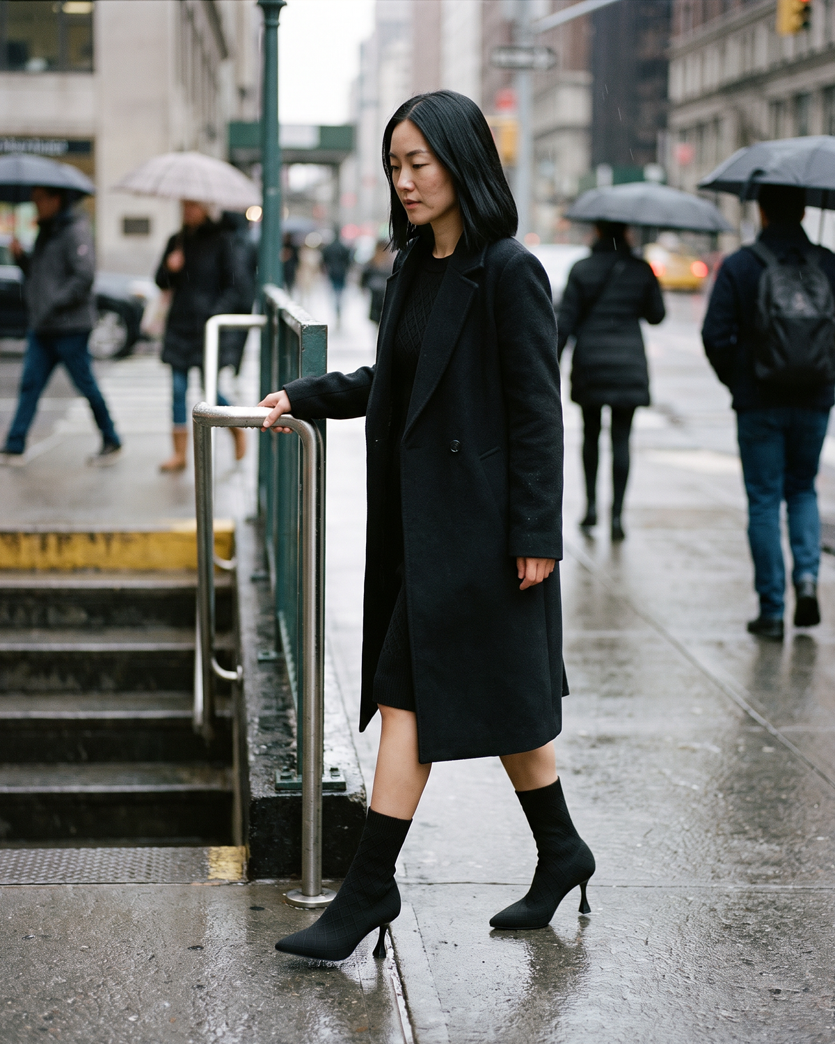 Pointed Toe Sock Boots in Stretch Knit — walking down subway stairs on a cold morning
