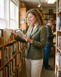 Floral Embroidered Utility Jacket with Ruffle Trim — browsing a neighbourhood bookstore