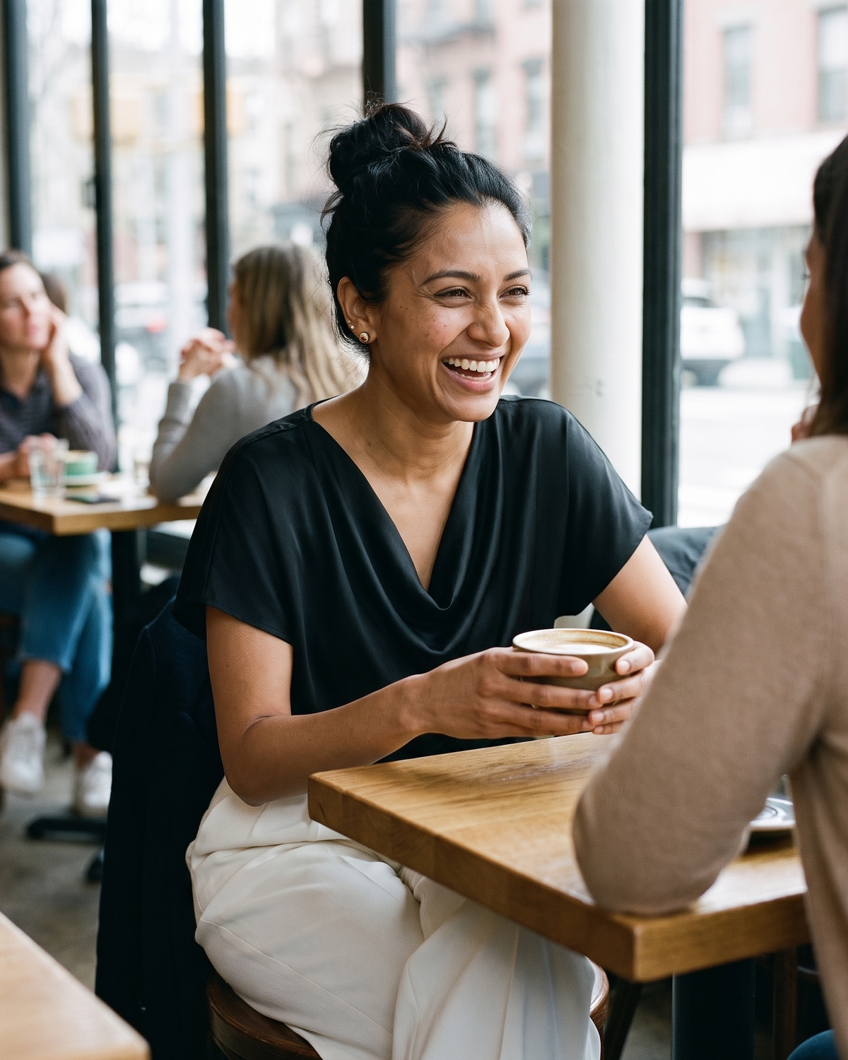 Uinta Elegant Draped Cowl Neck Top — at weekend brunch in Brooklyn