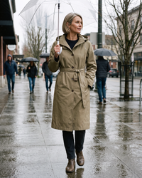 Waterproof Hooded Trench Coat for Women — walking in the rain in Seattle