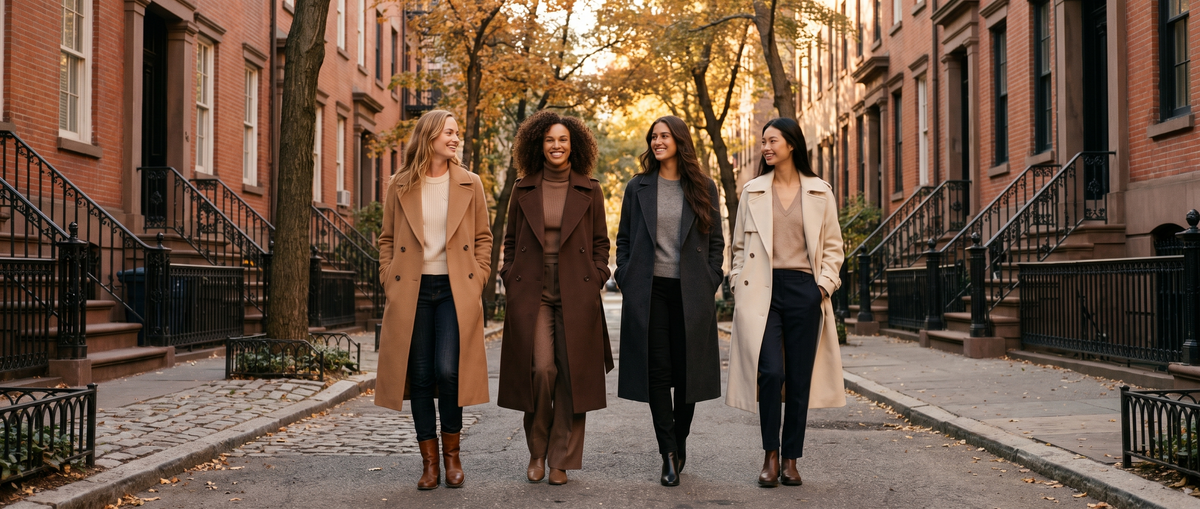 Four women in wool coats walking together on a brownstone street in autumn
