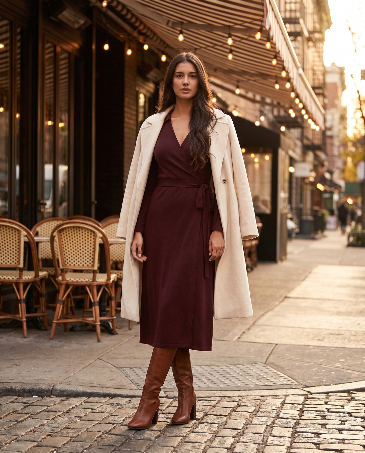 Woman in a burgundy wrap midi dress on a brownstone street in autumn