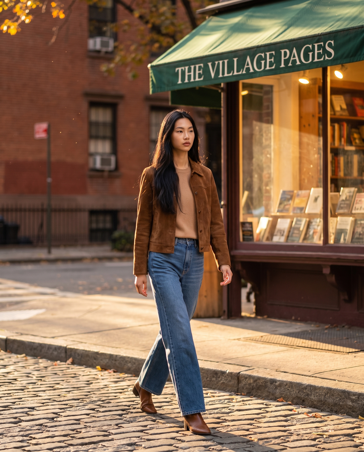 Woman in wide-leg jeans on a brownstone street in autumn
