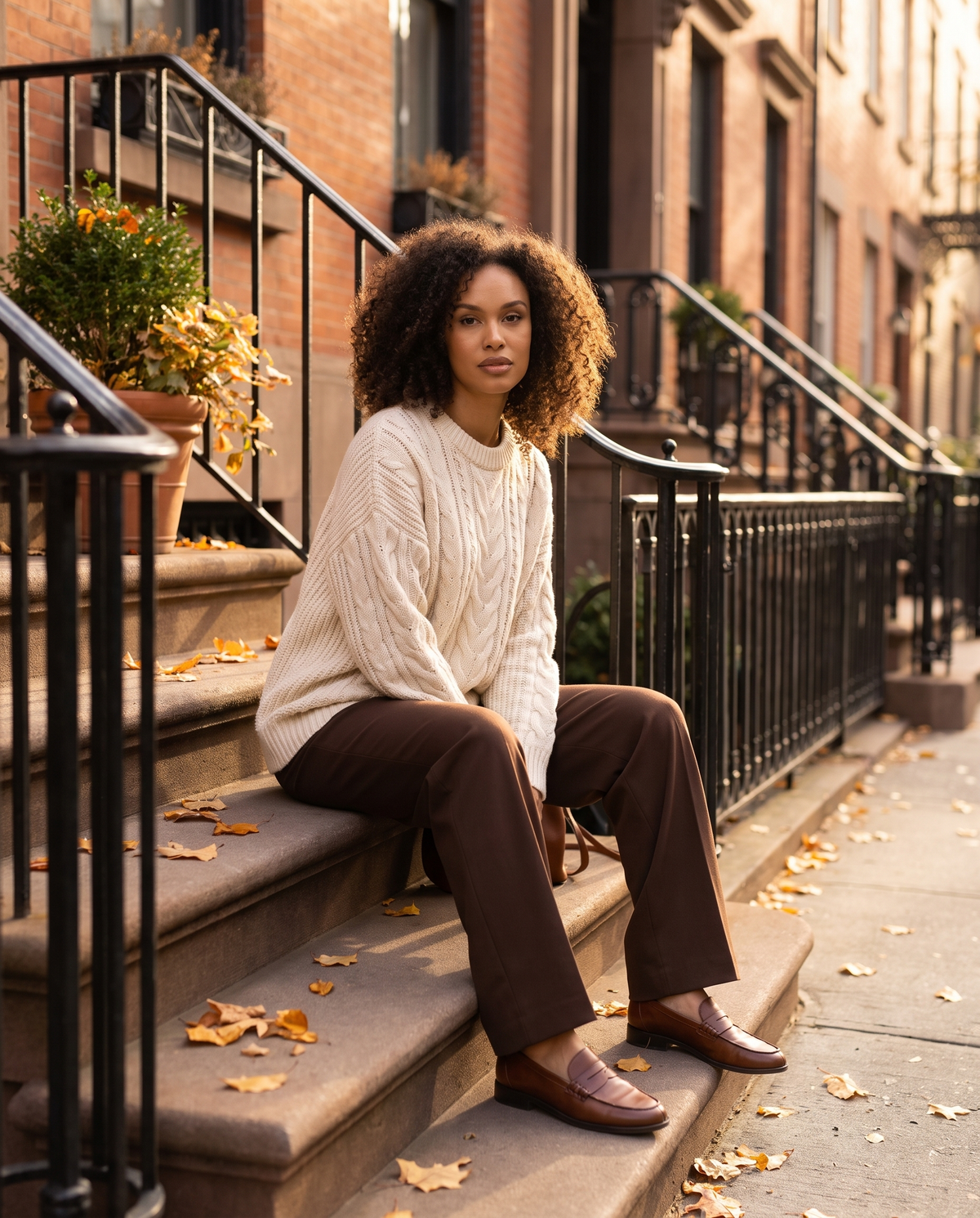 Woman in a cream cable-knit sweater on a brownstone street in autumn