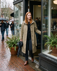 Waterproof Hooded Trench Coat for Women — stepping out into the drizzle in Portland