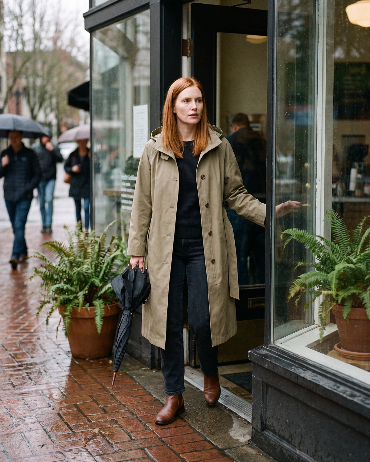 Waterproof Hooded Trench Coat for Women — stepping out into the drizzle in Portland