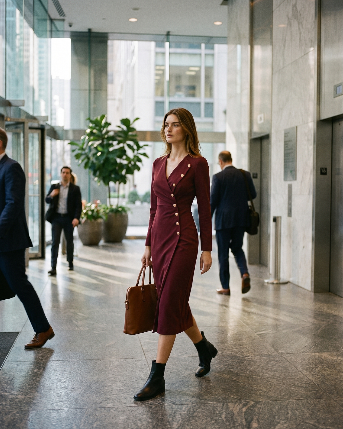 Stockholm Tailored Wrap-Front Buttoned Midi Dress — arriving at the office in Manhattan