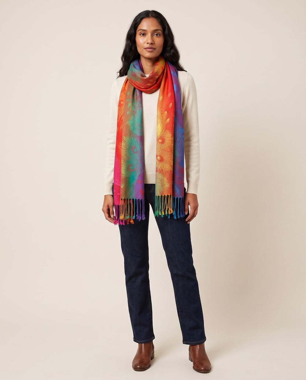 Women's Cashmere Blend Wrap Scarf, Boho Ombre Fringe Shawl in Gold — studio front, worn as a scarf