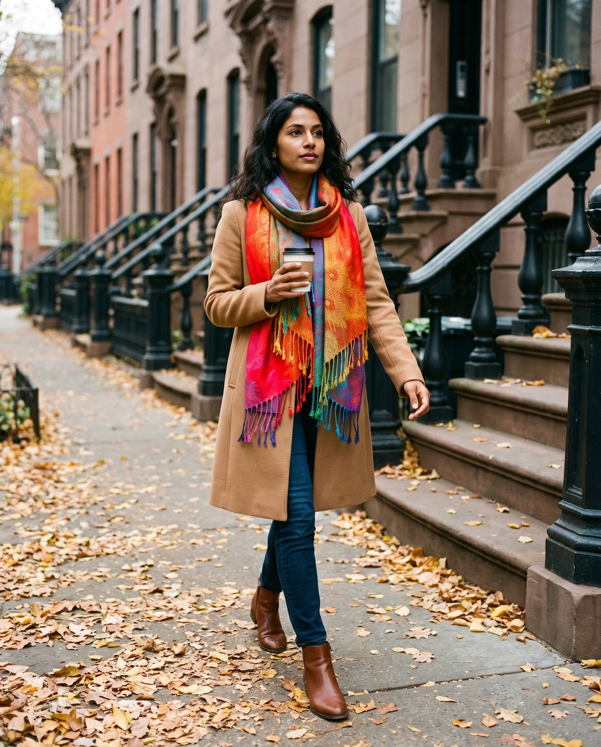 Women's Cashmere Blend Wrap Scarf in Gold — worn over a camel coat on a New York brownstone street in fall