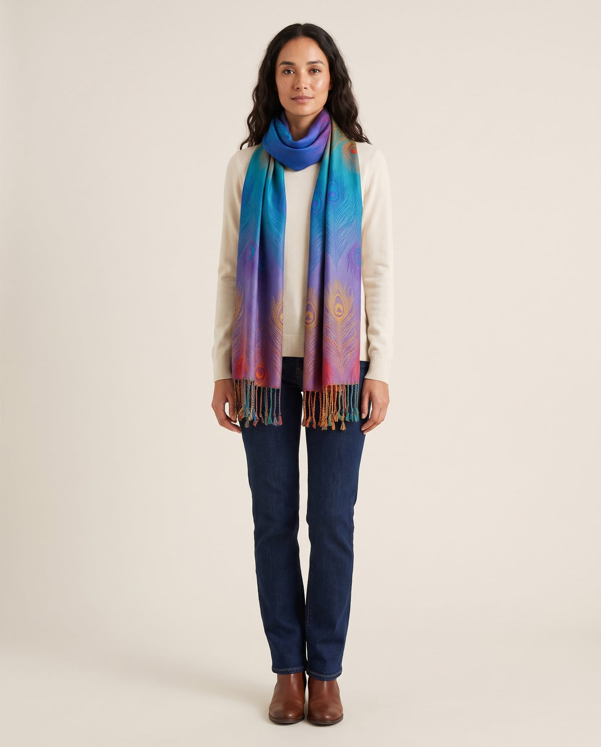 Women's Cashmere Blend Wrap Scarf, Boho Ombre Fringe Shawl in Blue — studio front, worn as a scarf
