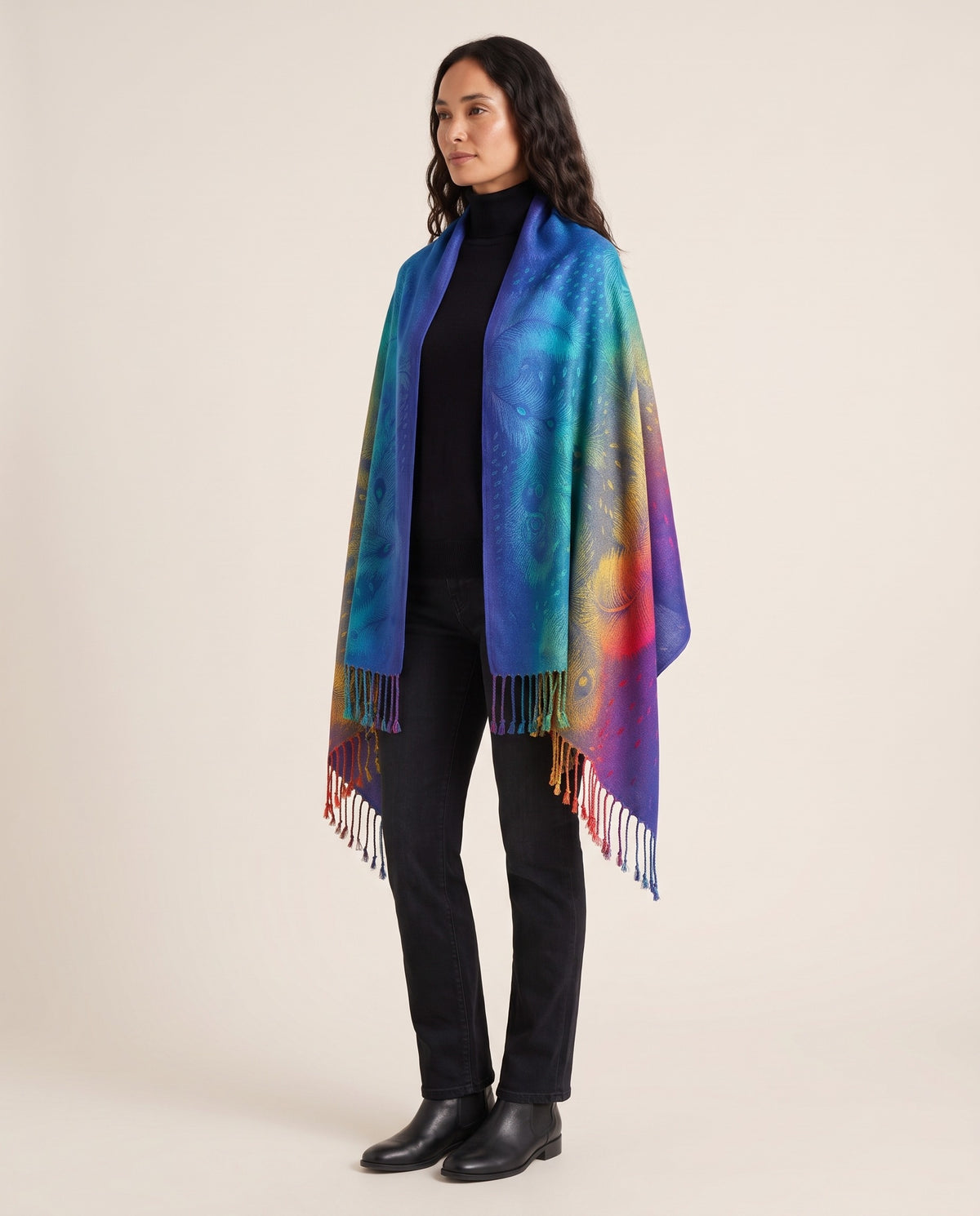 Women's Cashmere Blend Wrap Scarf in Blue — three-quarter view, draped open as a shawl