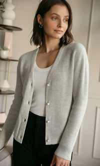 Women's Cashmere V-Neck Cardigan in Alpine Grey, front, worn open