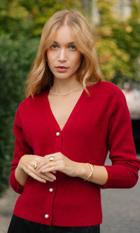 Women's Cashmere V-Neck Cardigan in Red, front outdoors