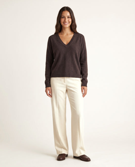 Women's Cashmere V-Neck Sweater in Espresso Brown, studio front