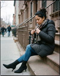 Pointed Toe Sock Boots in Stretch Knit — sitting on a Brooklyn stoop on a chilly morning