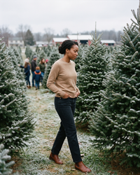 Frostfield Classic Merino Wool Crew Neck Sweater — choosing a tree at a Christmas-tree farm