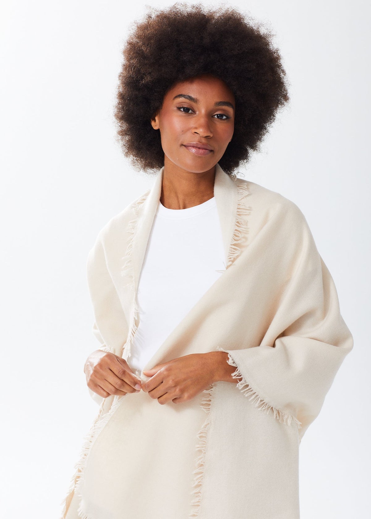 Women's Oversized Cashmere Wrap Scarf in Cappuccino, draped as a shawl