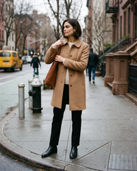Wool Polo-Collar Coat for Women — waiting to cross a Manhattan street on a cloudy afternoon