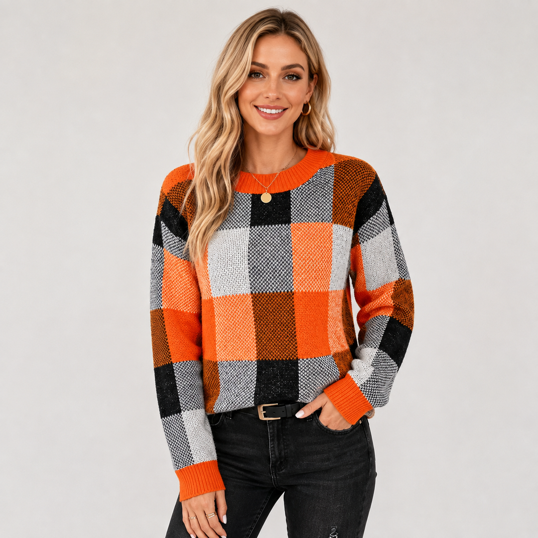 Women's Patchwork Sweater, Crew Neck Colorblock Knit Pullover