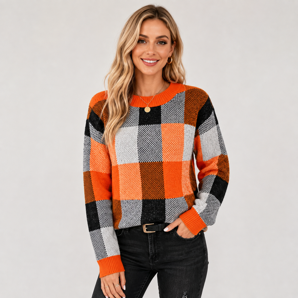 Women's Patchwork Crew Neck Knit Sweater in Orange Red