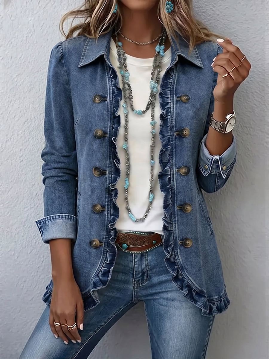 Women's Medium Blue Wash Denim Jacket with Ruffle Trim