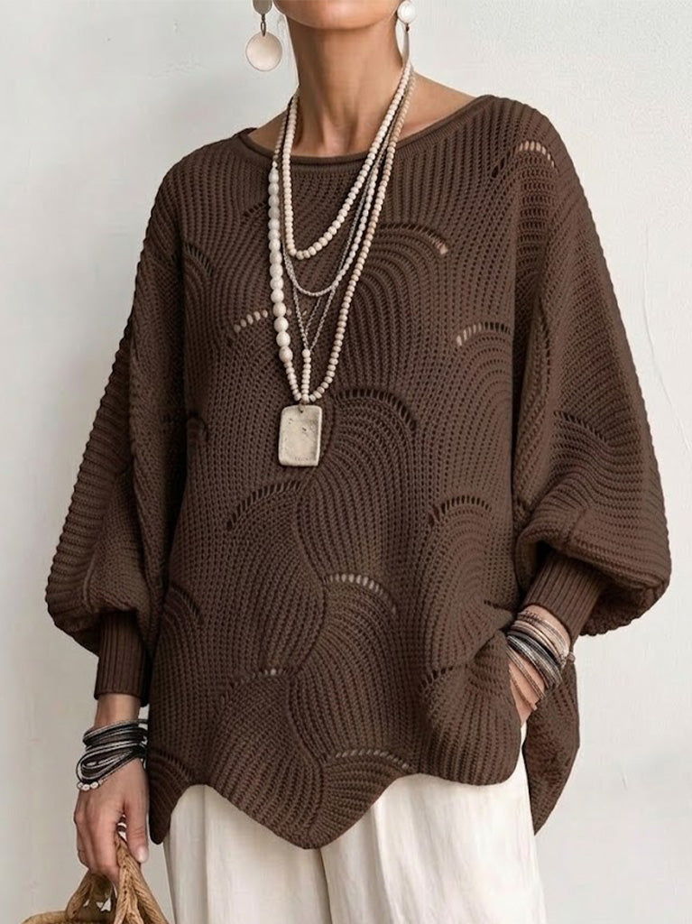 Women's Openwork Wave Knit Top with Lantern Sleeves in Coffee