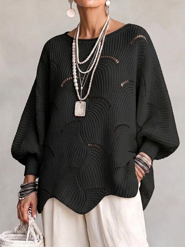 Women's Openwork Wave Knit Top with Lantern Sleeves in Black