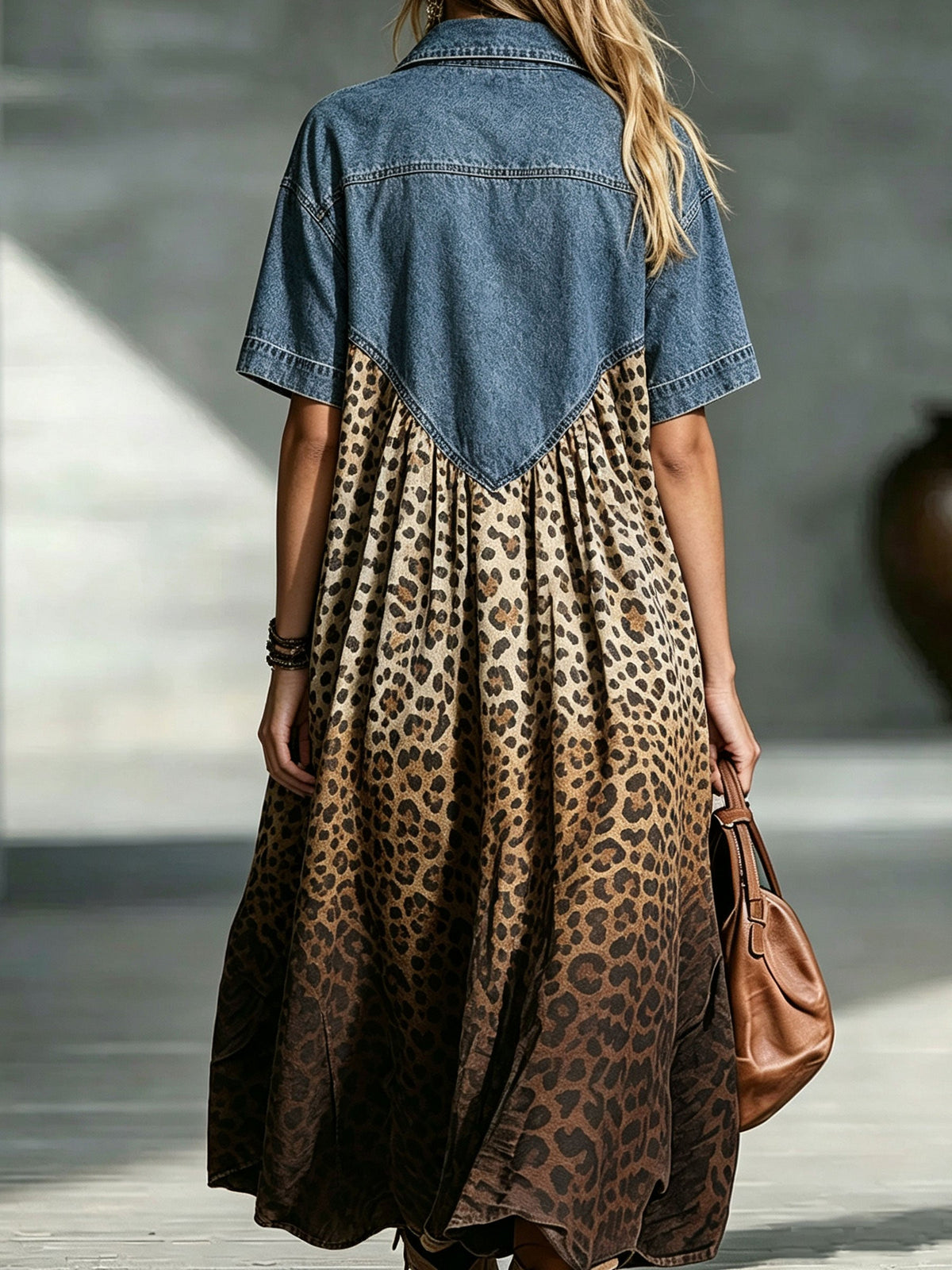 Women's Brown Leopard Print Midi Shirt Dress with Denim Top, view 2