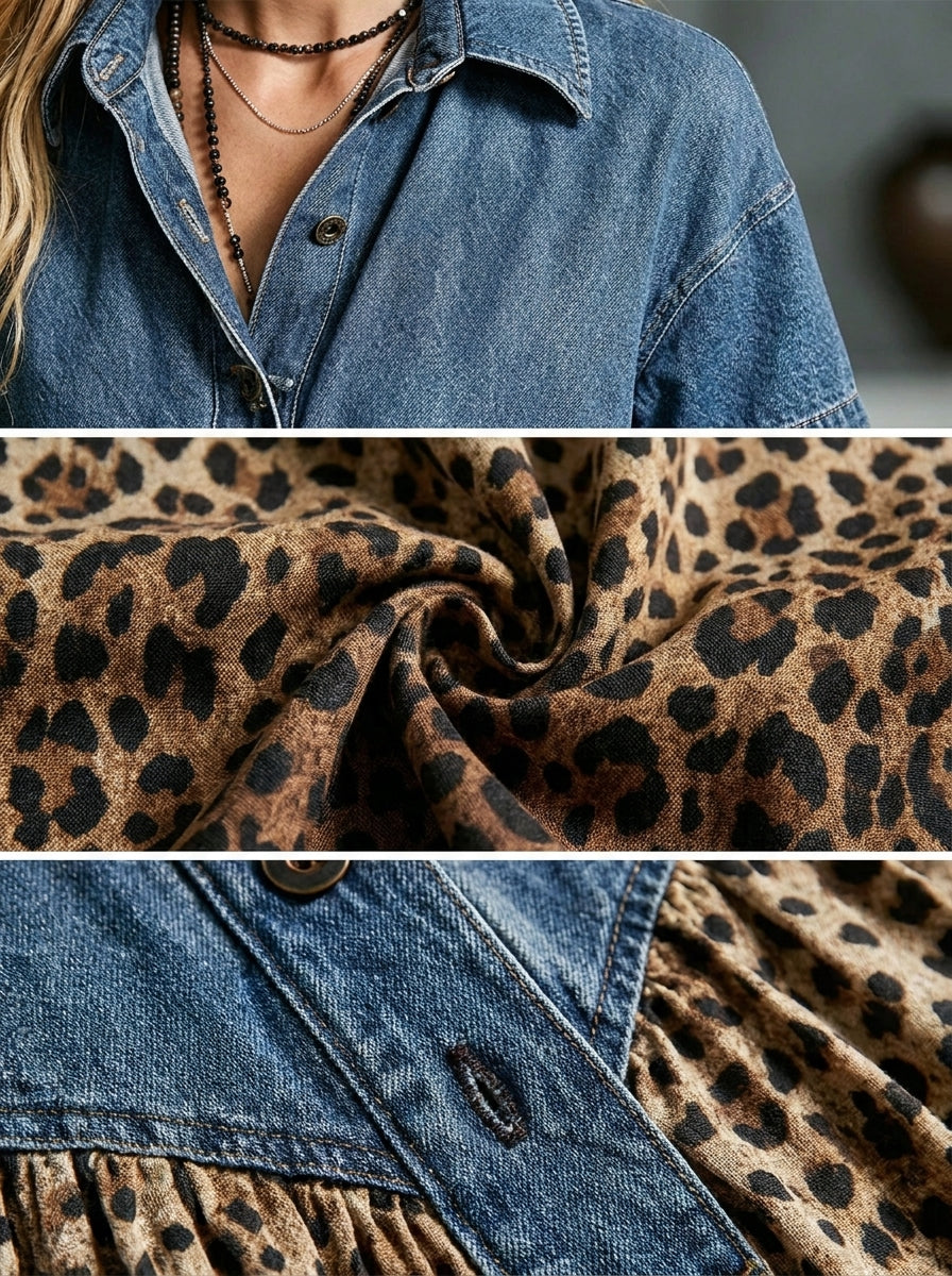 Women's Brown Leopard Print Midi Shirt Dress with Denim Top, view 3