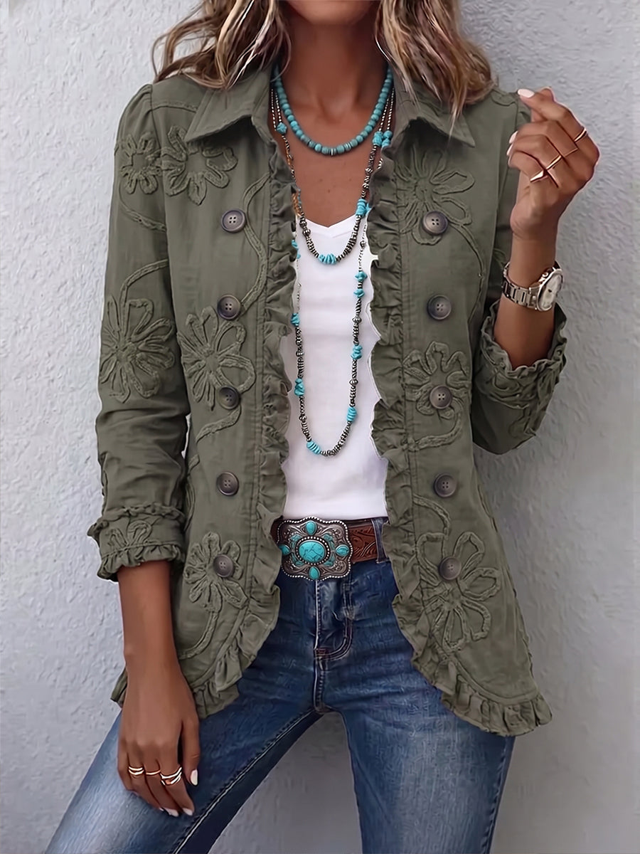 Women's Floral Embroidered Linen-Blend Utility Jacket with Ruffle Trim in Olive Green