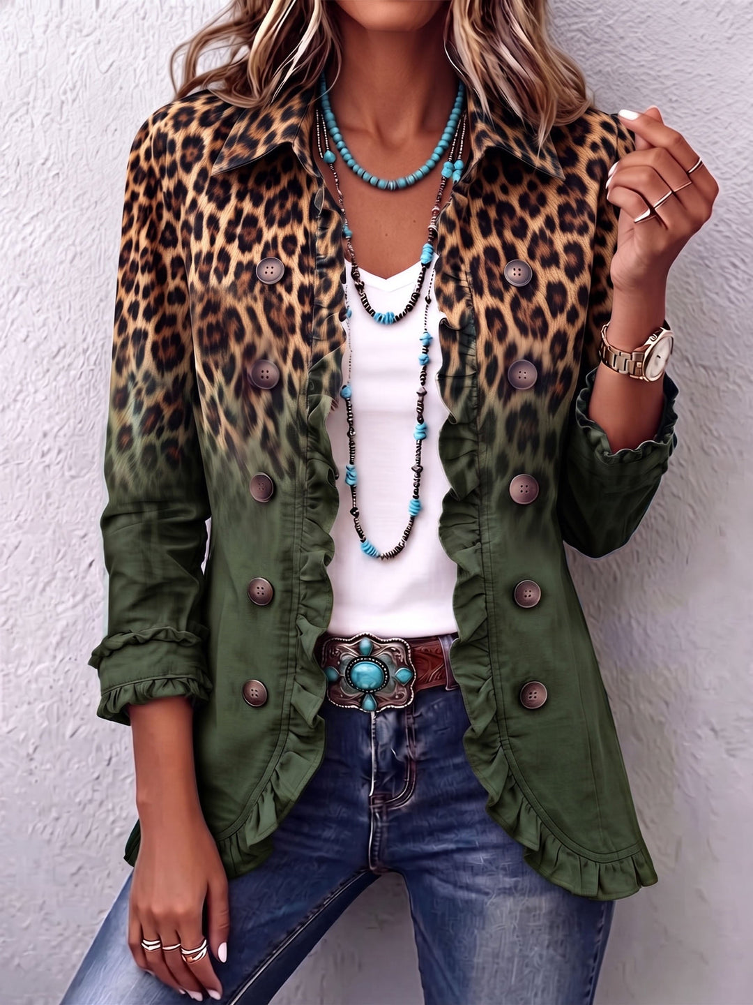 Women's Leopard Print Blazer Jacket, Ruffle Trim Double Breasted Suit Coat