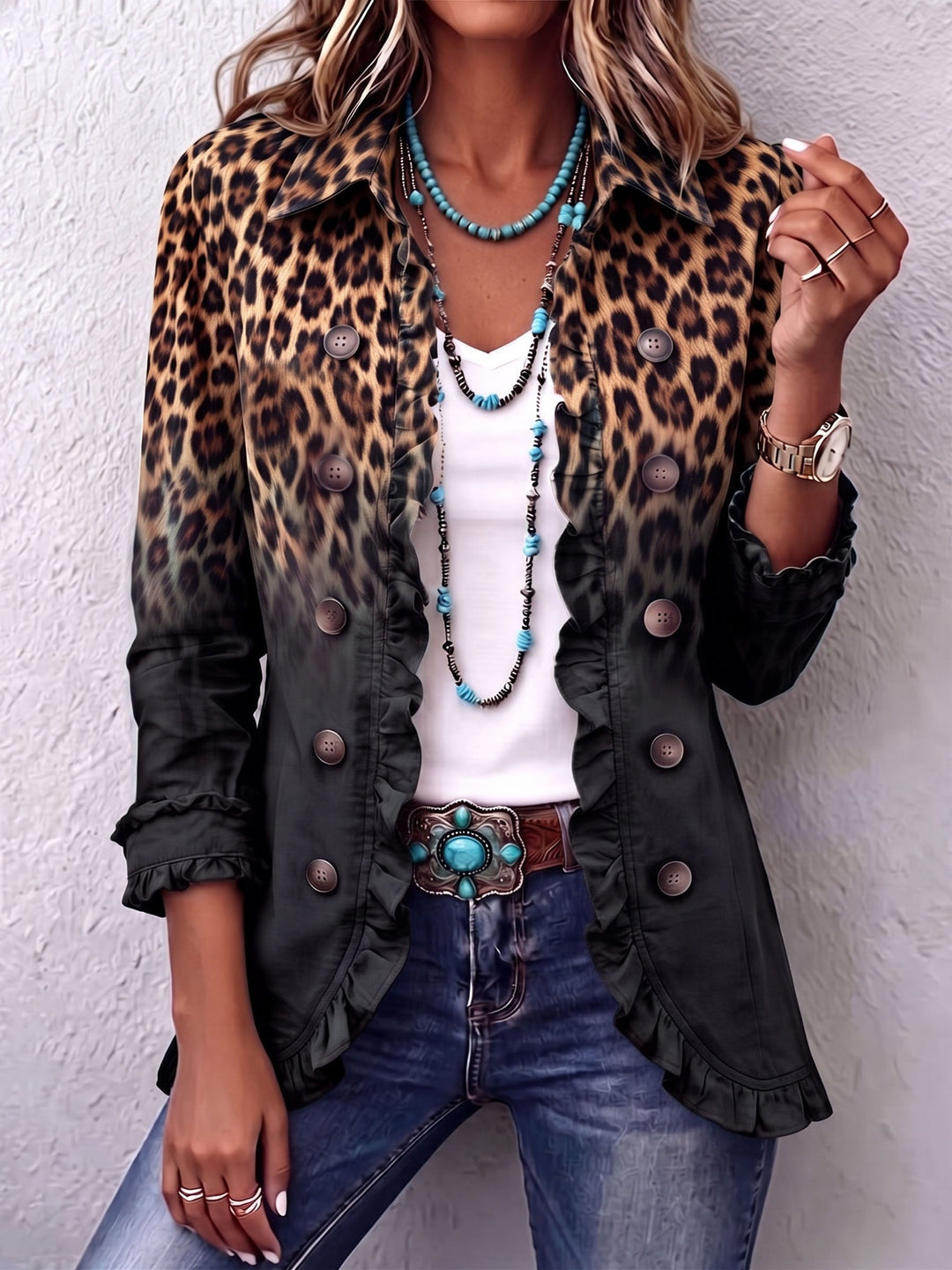 Women's Leopard Print Blazer Jacket, Ruffle Trim Double Breasted Suit Coat