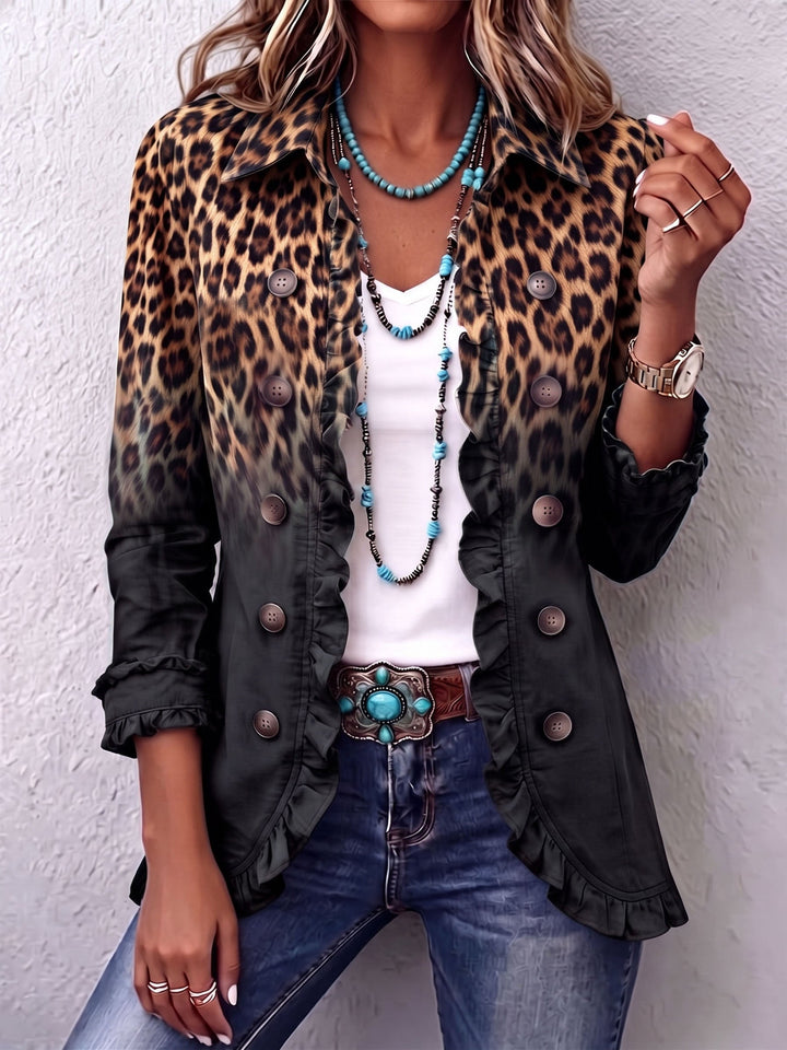 Women's Leopard Print Blazer Jacket, Ruffle Trim Double Breasted Suit Coat