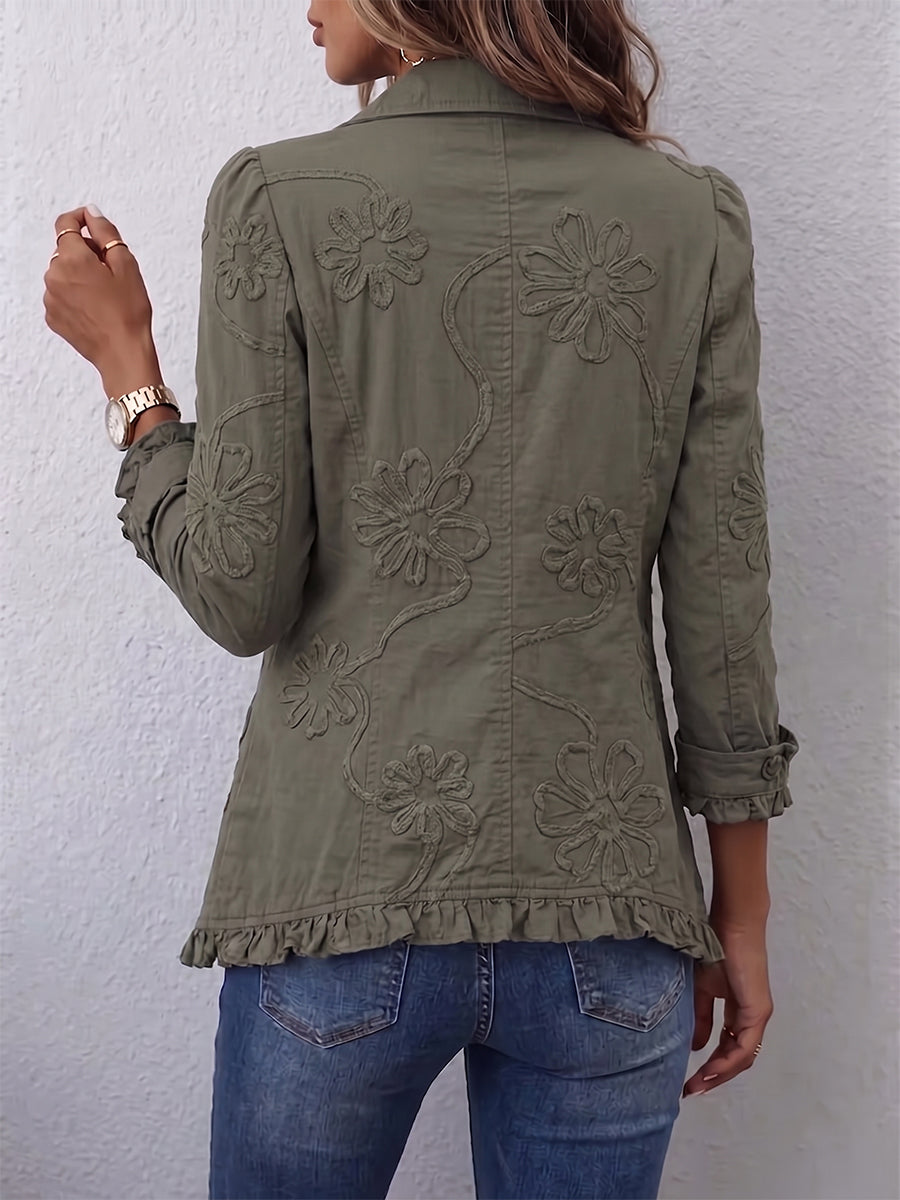 Women's Floral Embroidered Linen-Blend Utility Jacket with Ruffle Trim, view 2