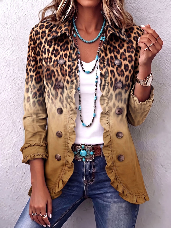 Women's Leopard Print Blazer Jacket, Ruffle Trim Double Breasted Suit Coat