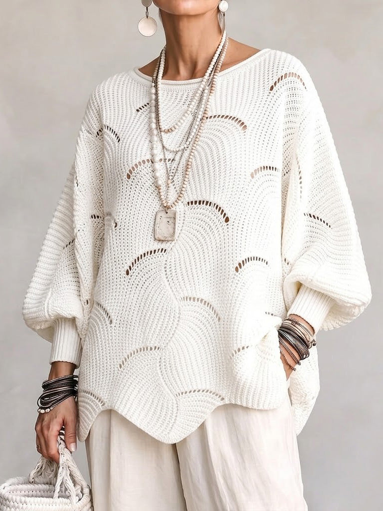 Women's Openwork Wave Knit Top with Lantern Sleeves in White