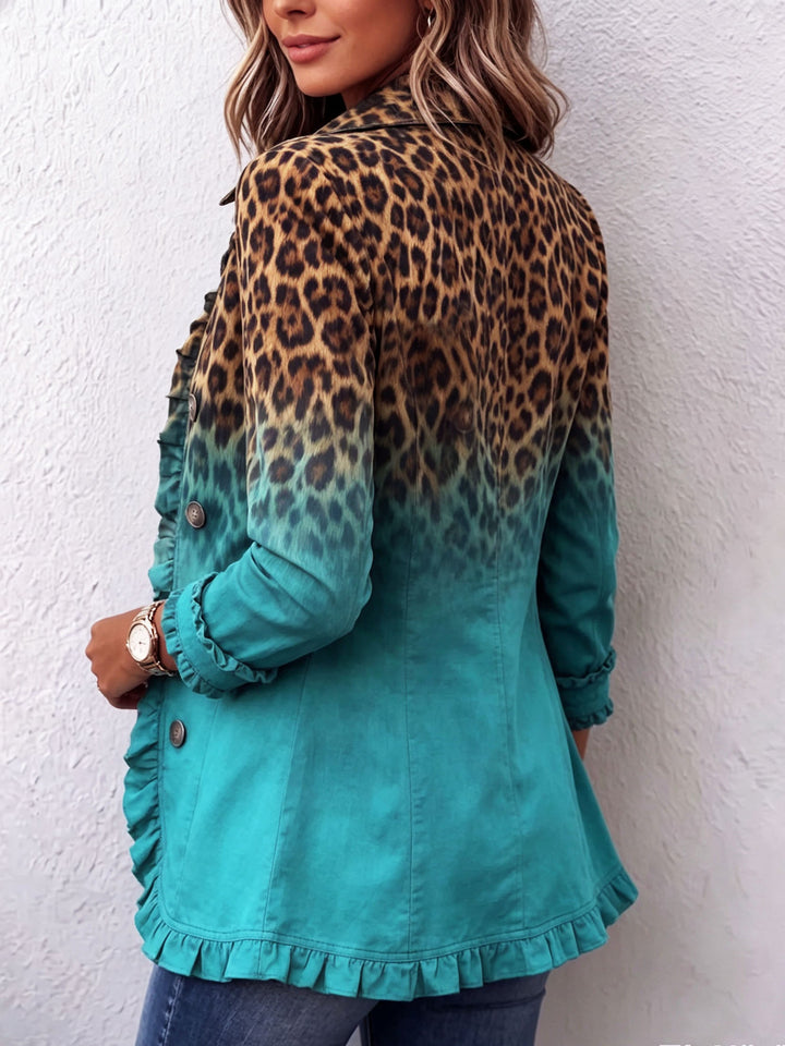 Women's Leopard Print Blazer Jacket, Ruffle Trim Double Breasted Suit Coat