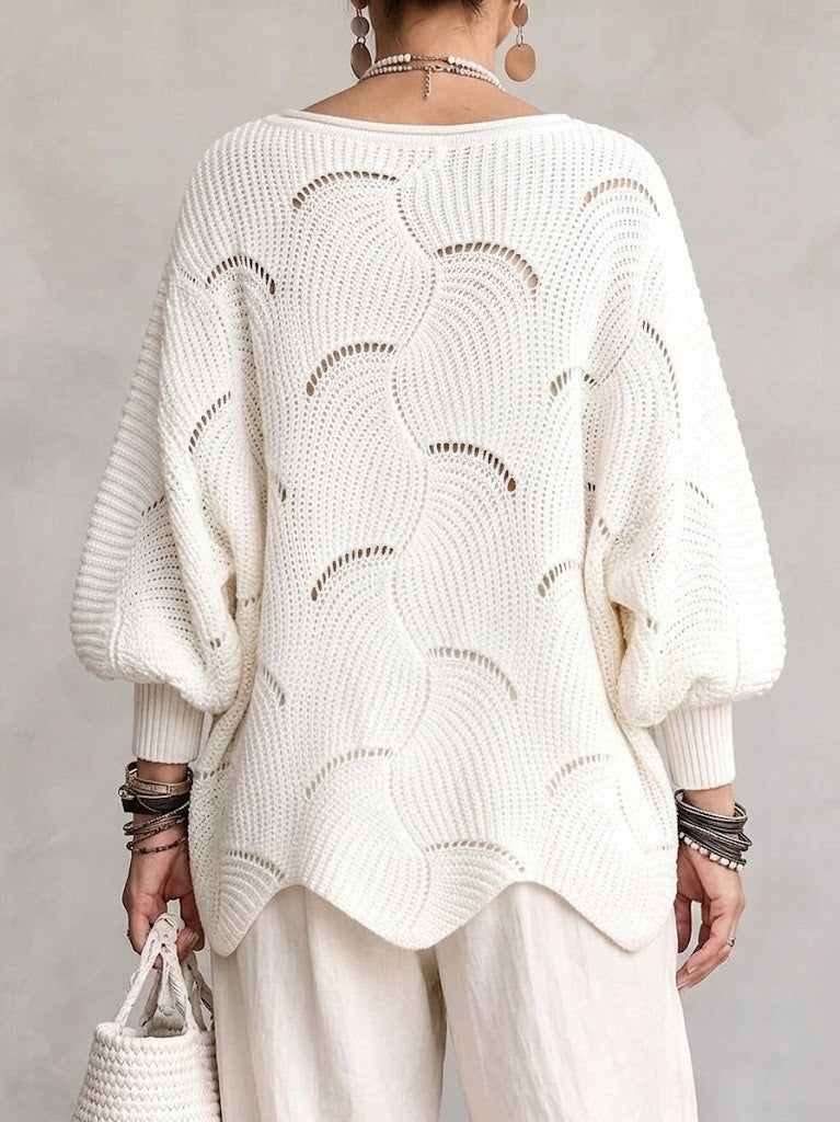 Women's Openwork Wave Knit Top with Lantern Sleeves, view 2