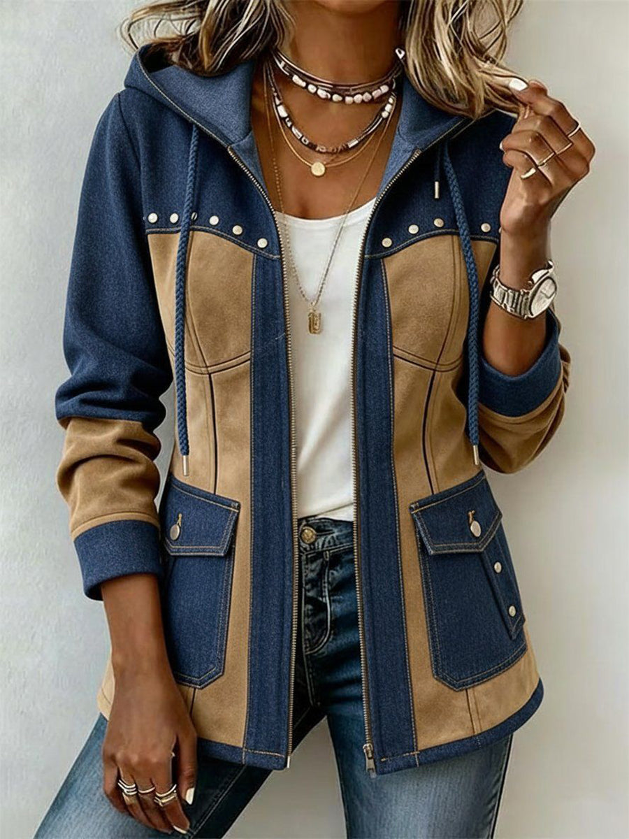 Women's Khaki Two-Tone Hooded Zip Jacket with Studded Detail