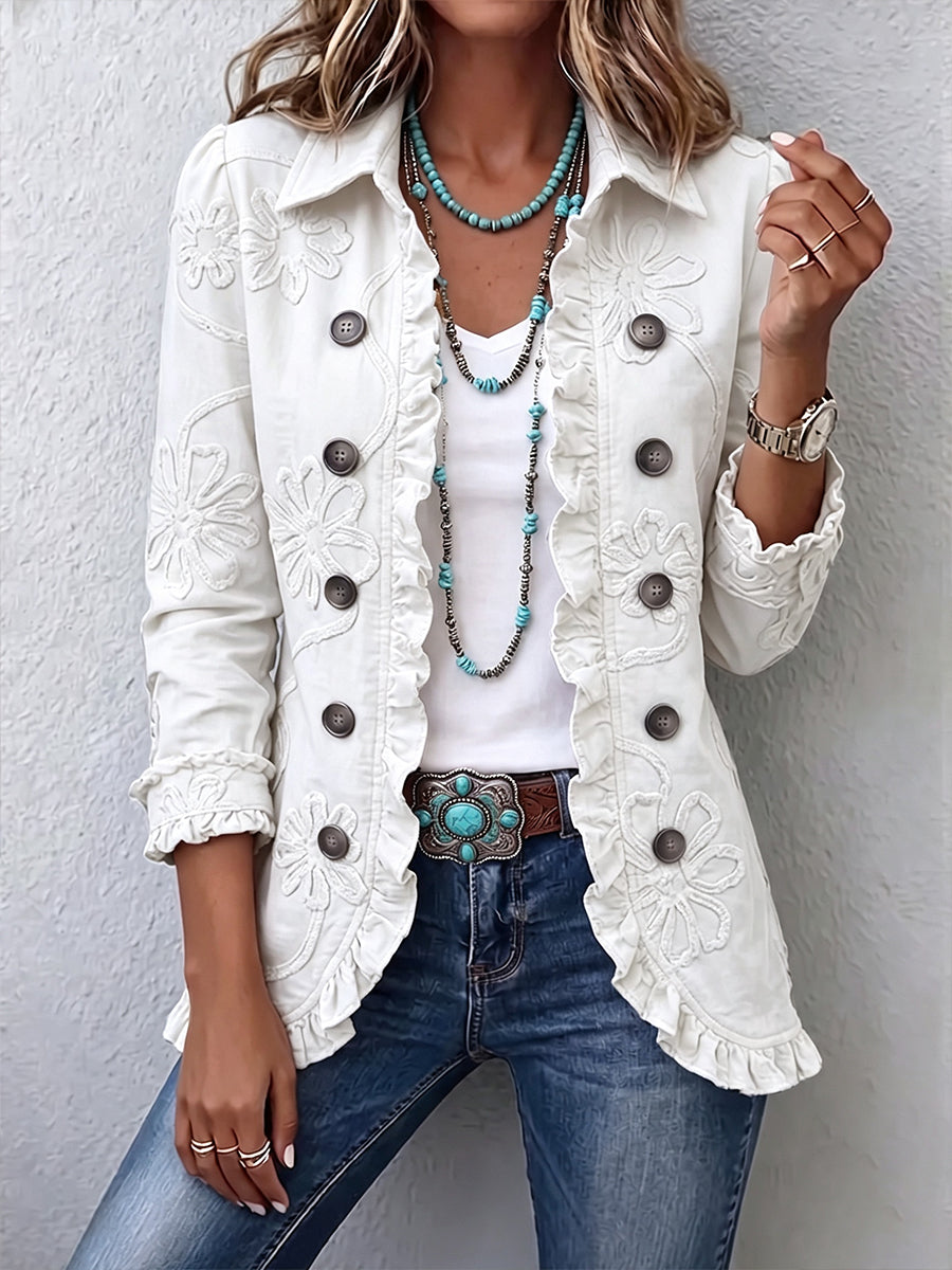 Women's Floral Embroidered Linen-Blend Utility Jacket with Ruffle Trim in White