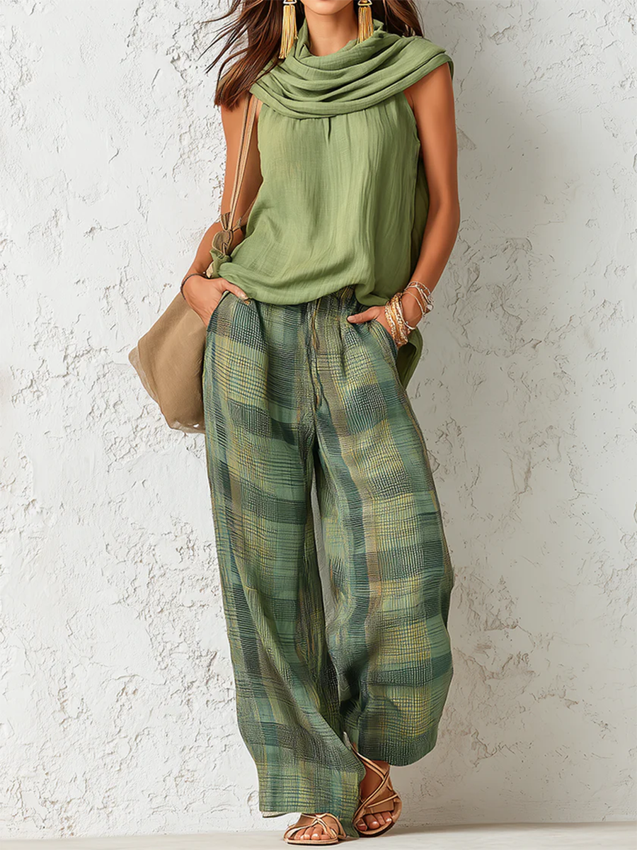 Women's Checked Sleeveless Top and Wide-Leg Pants Set
