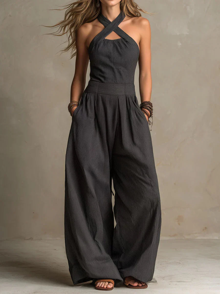Women's Linen-Cotton Wide-Leg Jumpsuit with Crossover Neckline in Black
