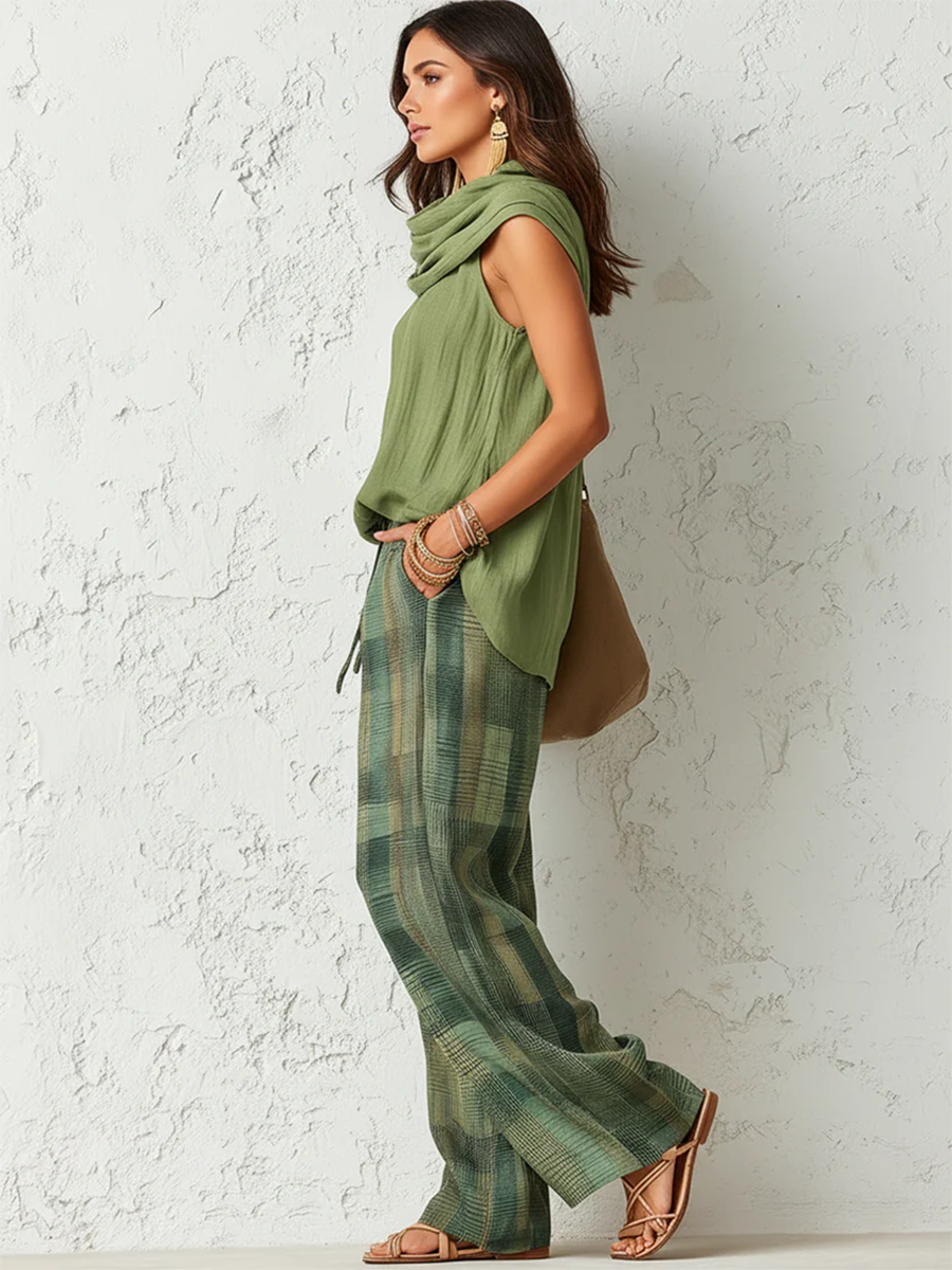 Women's Two Piece Set, Sleeveless Top and Wide Leg Trousers with Pockets