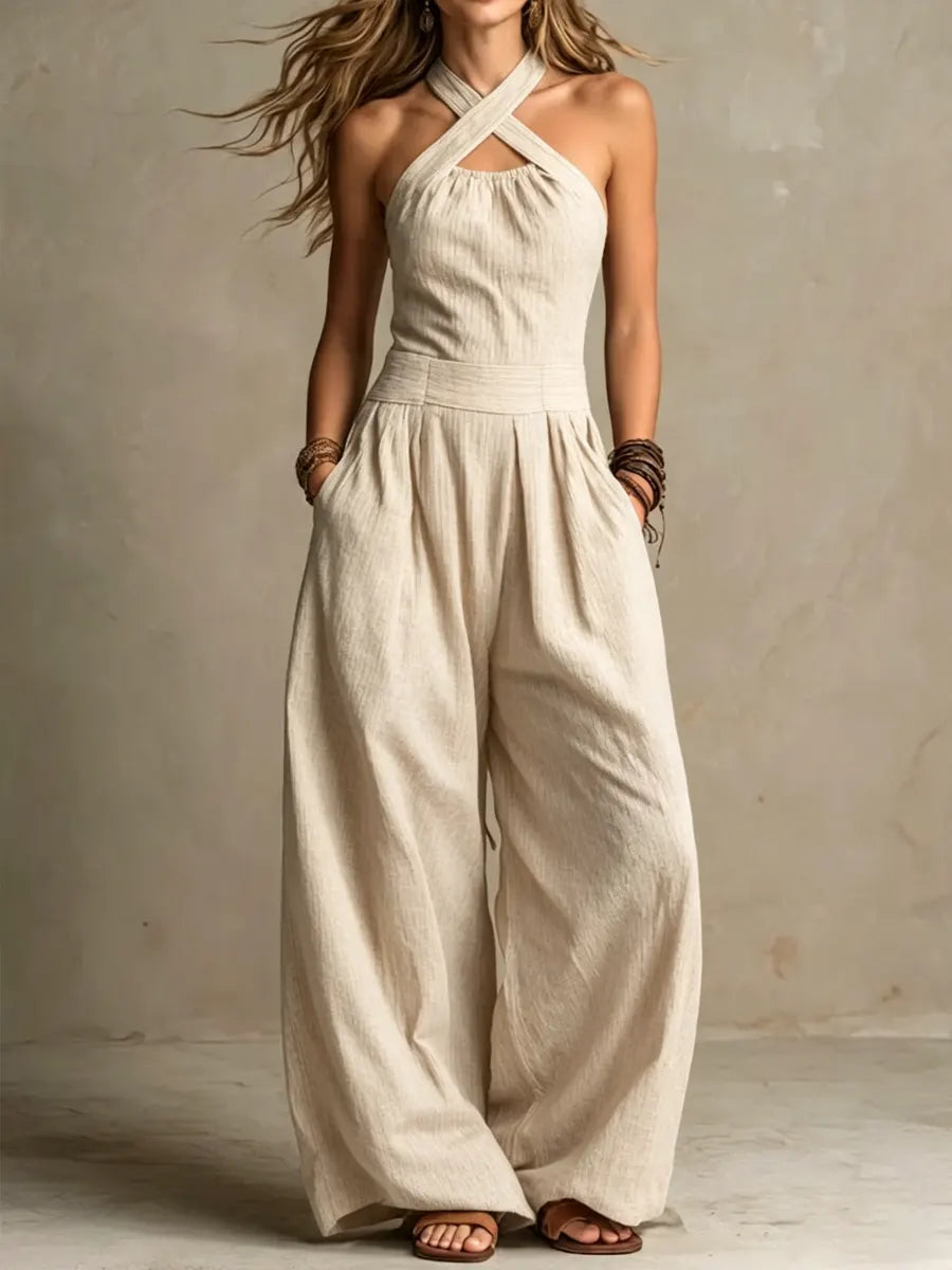 Women's Linen-Cotton Wide-Leg Jumpsuit with Crossover Neckline in Beige