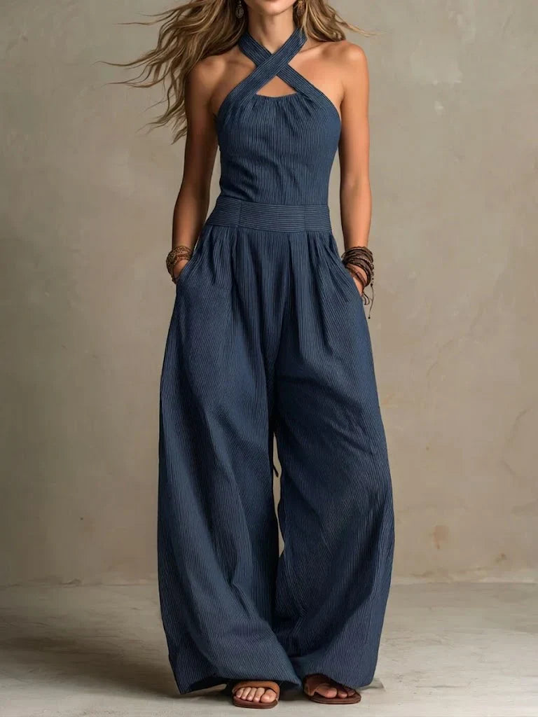 Women's Linen-Cotton Wide-Leg Jumpsuit with Crossover Neckline in Navy