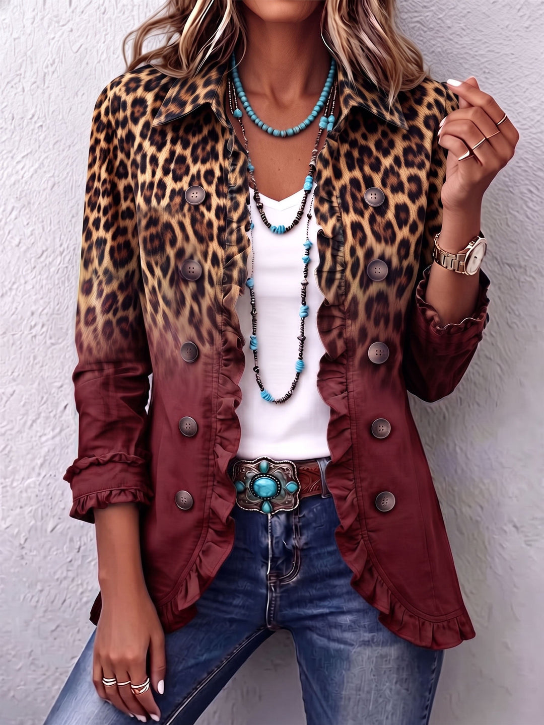 Women's Leopard Print Blazer Jacket, Ruffle Trim Double Breasted Suit Coat