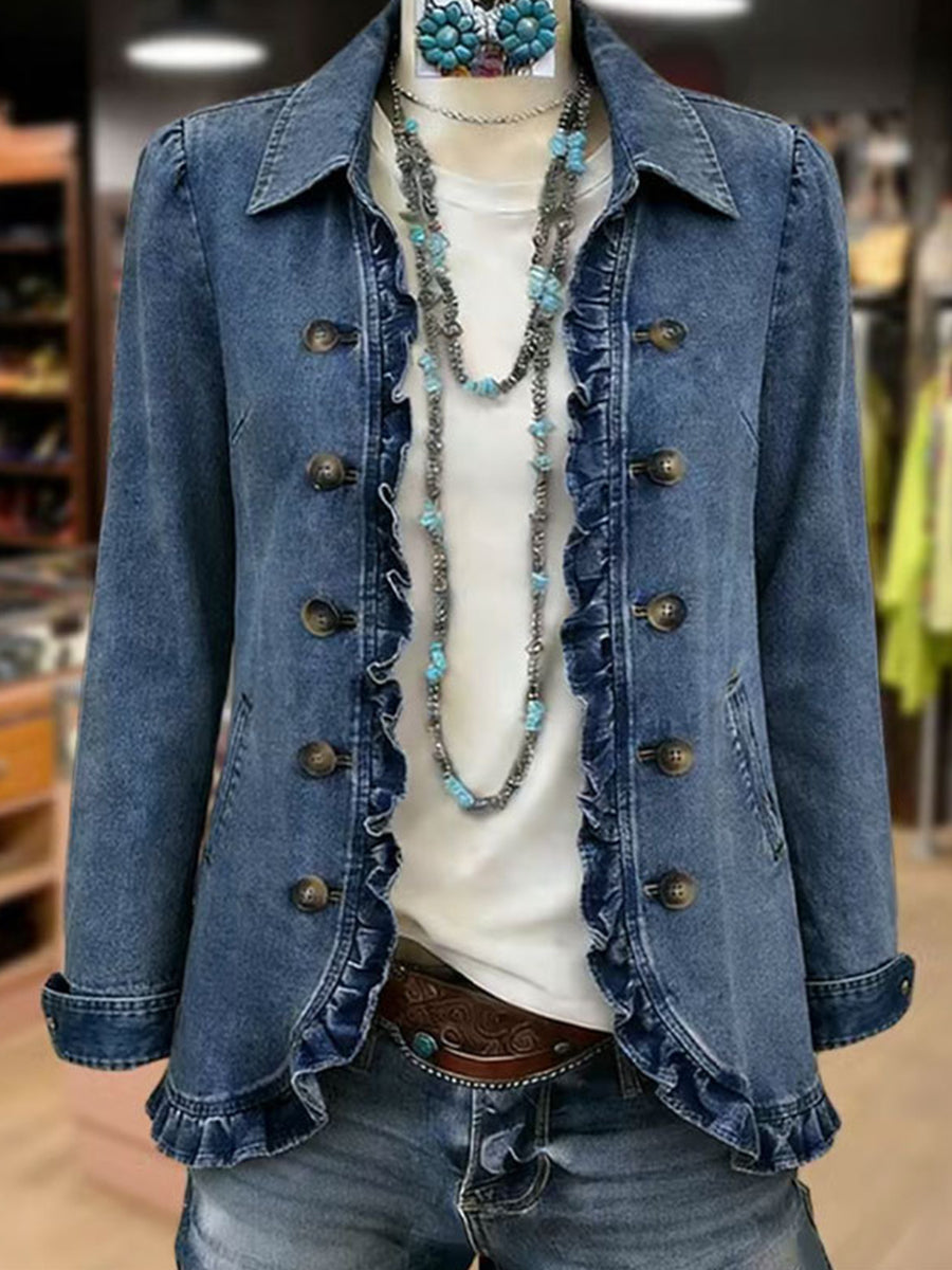 Women's Medium Blue Wash Denim Jacket with Ruffle Trim, view 2